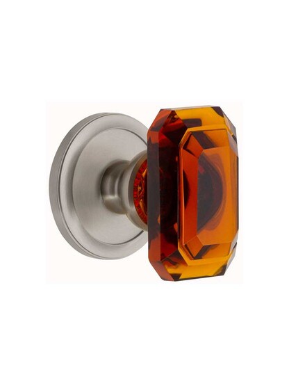 Grandeur Circulaire Rosette Door Set with Amber Crystal-Glass Baguette Knobs in Satin Nickel.